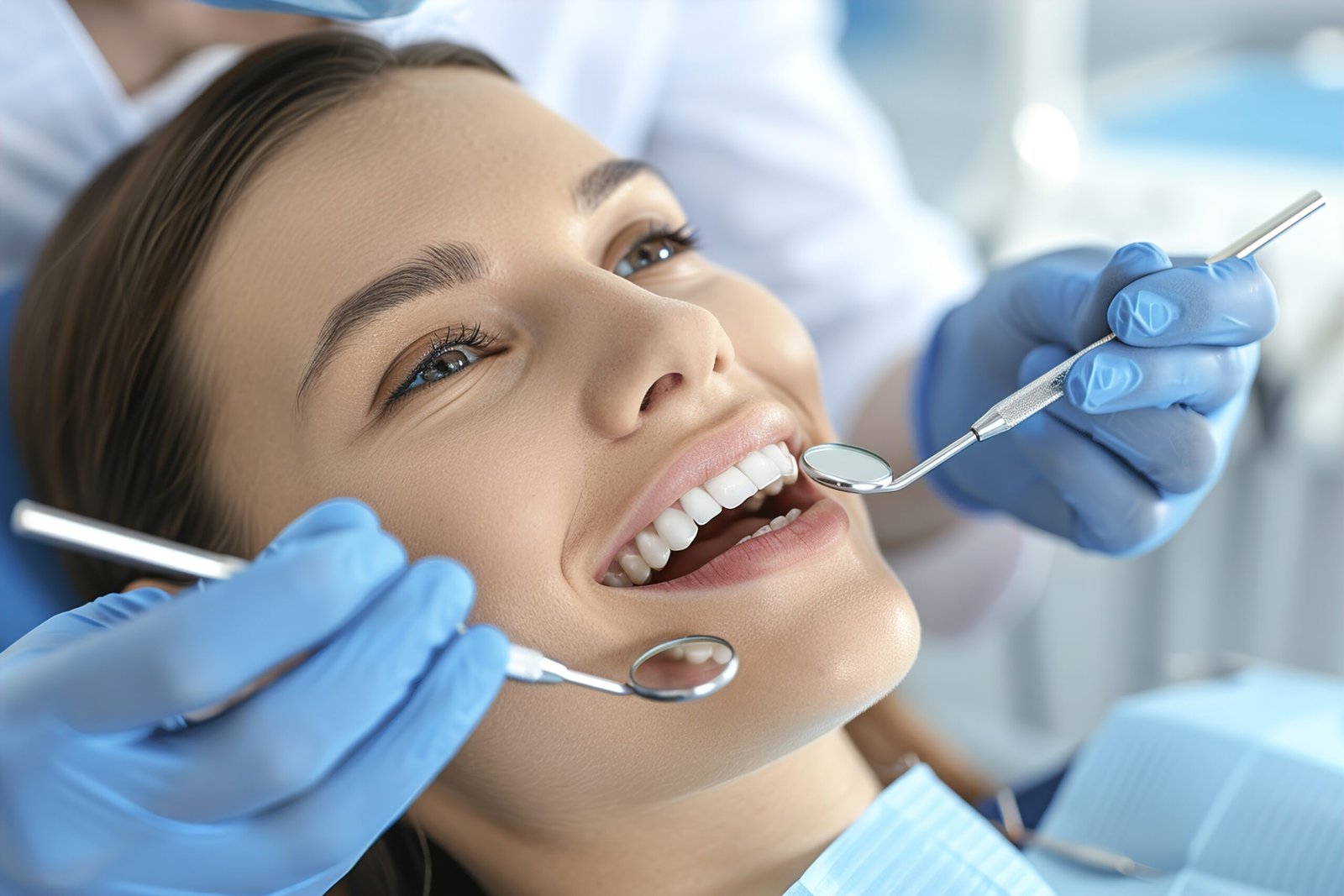 A smiling woman undergoing a dental checkup with dental tools and a dentist in blue gloves. Emphasizes dental care and hygiene.